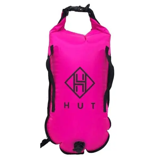Affordable HUT Swim Buoy Dry Bag – Premium safety tow float and watertight dry bag for open water swimmers, triathletes. High visibility safety swim buoy, two air chambers – be seen be safe.