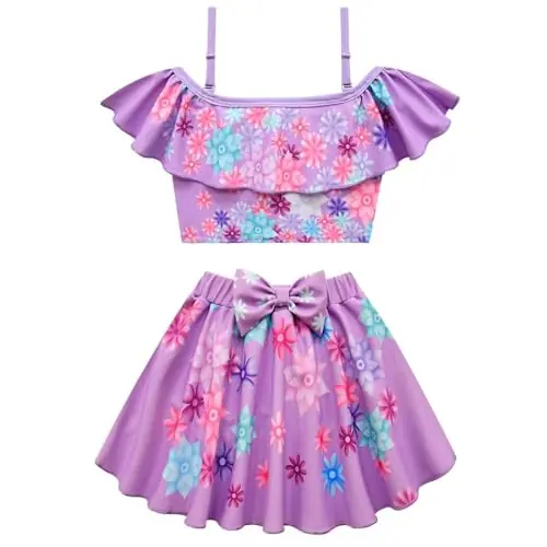 Shop Now Kapmore 2PCS Kid’s Beach Swimwear Elastic Bathing Suit: Flower Printed Girls Swimsuits Purple