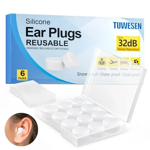 Reusable Ear Plugs, Silicone Ear Plugs for Sleeping, Waterproof Noise Cancelling Earplugs for Concerts, Swimming, Shooting, Snoring, Airplane, Motorcycle, NRR 32dB, 12 Pack Buy Direct