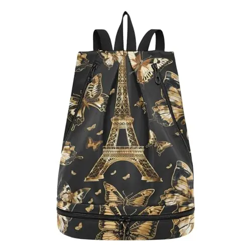 senya Swim Bag Gym Bag for Women Men, Butterfly Eiffel Tower Beach Backpack with Wet Dry Compartments for Swimming Gym Order Now