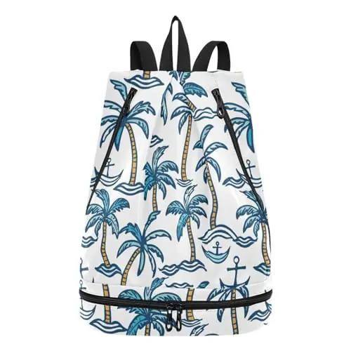 senya Swim Bag Gym Bag for Women Men, Coconut Tree Anchor Beach Backpack with Wet Dry Compartments for Swimming Gym Affordable