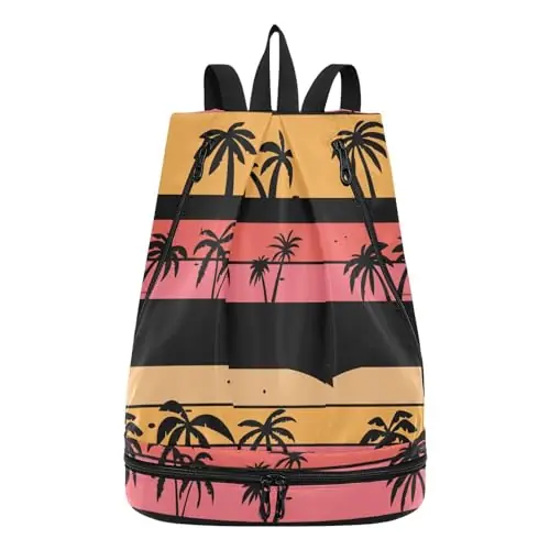 senya Swim Bag Gym Bag for Women Men, Coconut Tree Colorful Stripe Beach Backpack with Wet Dry Compartments for Swimming Gym Order Now
