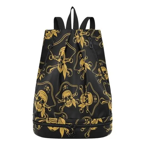 Editor’s Pick senya Swim Bag Gym Bag for Women Men, Golden Pirate Skull Beach Backpack with Wet Dry Compartments for Swimming Gym