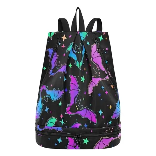 Get Yours senya Swim Bag Gym Bag for Women Men, Halloween Luminous Bats Stars Beach Backpack with Wet Dry Compartments for Swimming Gym