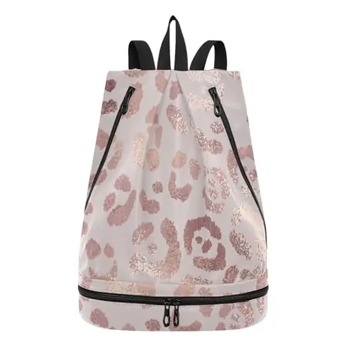 Limited Offer senya Swim Bag Gym Bag for Women Men, Leopard Rose Gold Beach Backpack with Wet Dry Compartments for Swimming Gym