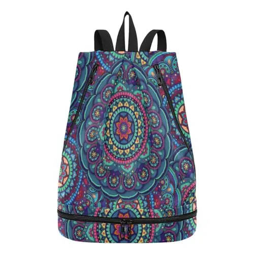senya Swim Bag Gym Bag for Women Men, Mandala Vintage Beach Backpack with Wet Dry Compartments for Swimming Gym Instant Buy