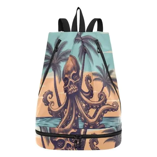 Place Order senya Swim Bag Gym Bag for Women Men, Octopus Pirate Palm Tree Beach Backpack with Wet Dry Compartments for Swimming Gym