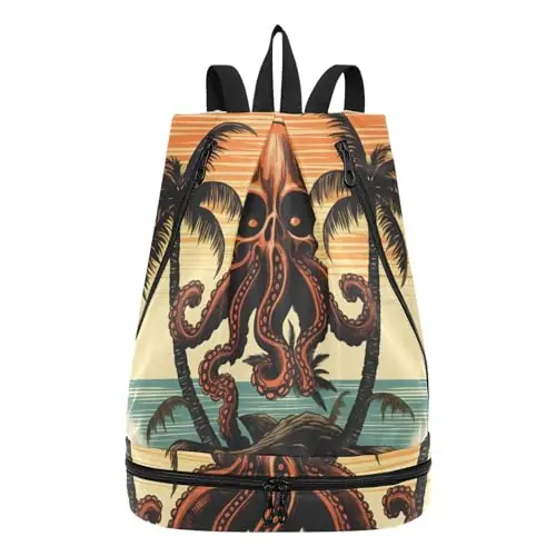 senya Swim Bag Gym Bag for Women Men, Octopus Pirate Palm Tree Sunset Beach Backpack with Wet Dry Compartments for Swimming Gym Editor’s Pick
