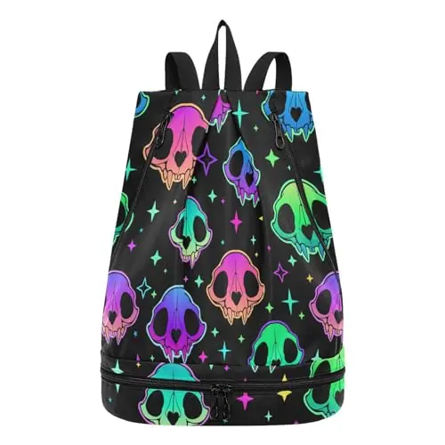 senya Swim Bag Gym Bag for Women Men, Rainbow Dinosaur Skull Beach Backpack with Wet Dry Compartments for Swimming Gym Special Offer