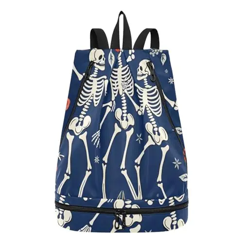 senya Swim Bag Gym Bag for Women Men, Skeleton Red Roses Beach Backpack with Wet Dry Compartments for Swimming Gym In Demand
