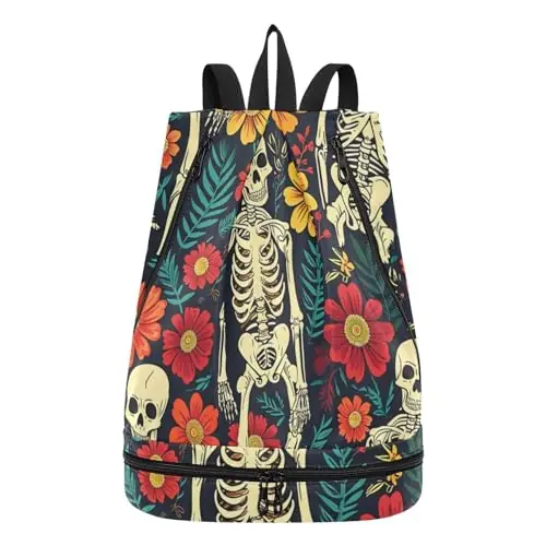 Warranty Included senya Swim Bag Gym Bag for Women Men, Skeleton Tropical Leaves Flower Beach Backpack with Wet Dry Compartments for Swimming Gym
