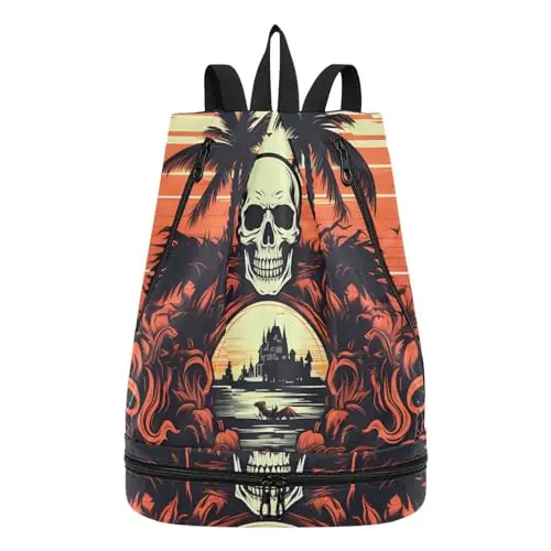 senya Swim Bag Gym Bag for Women Men, Skull Beach Palm Tree Beach Backpack with Wet Dry Compartments for Swimming Gym Trending