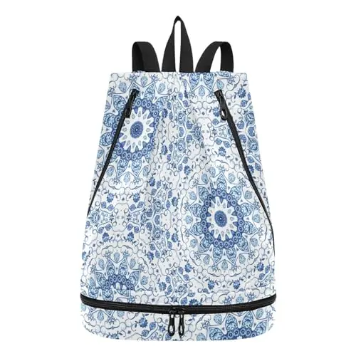 senya Swim Bag Gym Bag for Women Men, Vintage Mandala Blue Beach Backpack with Wet Dry Compartments for Swimming Gym Weekend Sale