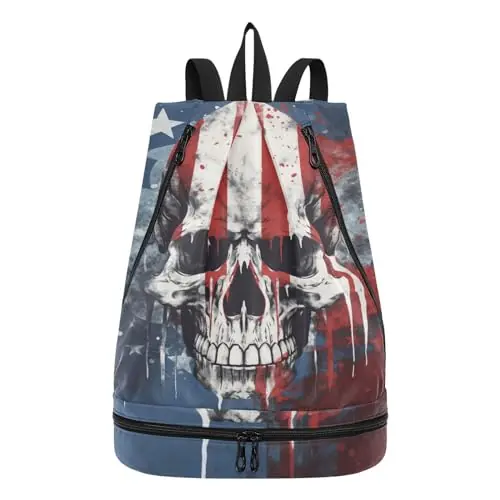 Deal senya Swim Bag Gym Bag for Women Men, Vintage Skull American Flag Beach Backpack with Wet Dry Compartments for Swimming Gym
