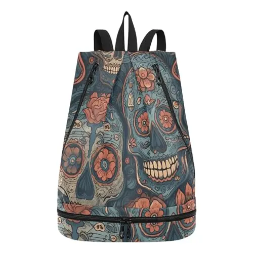 senya Swim Bag Gym Bag for Women Men, Vintage Skull Floral Beach Backpack with Wet Dry Compartments for Swimming Gym Don’t Miss Out