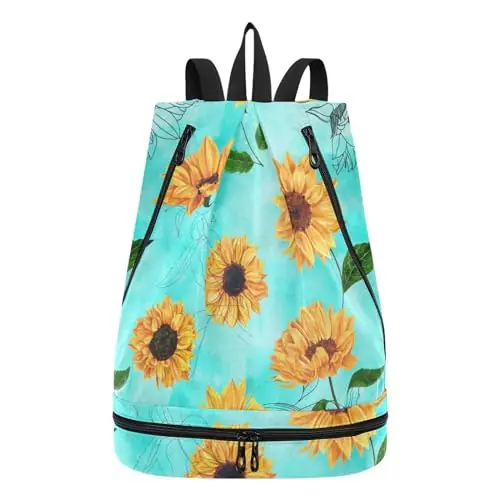 senya Swim Bag Gym Bag for Women Men, Vintage Style Sunflowers Beach Backpack with Wet Dry Compartments for Swimming Gym Limited Edition