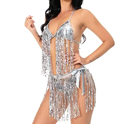 Price Drop Shimmering Glitter Bikini Set for Women – Dazzling Beachwear for Parties and Events, Argent, L