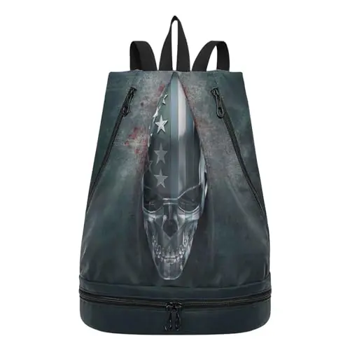 Trending Swim Bag Gym Bag for Women Men, 3d Metal Skull with Usa Flag Beach Backpack with Wet Dry Compartments for Swimming Gym