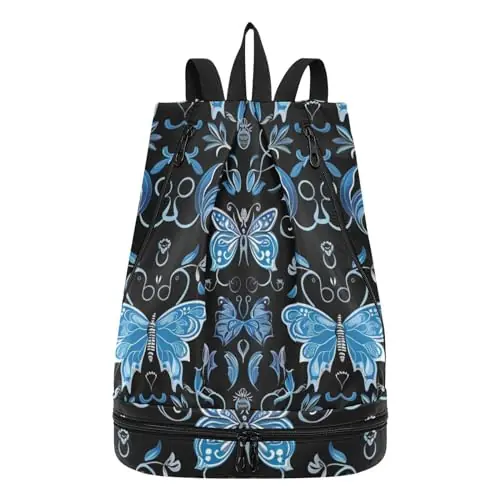 Fresh Stock Swim Bag Gym Bag for Women Men, Blue Butterfly Beach Backpack with Wet Dry Compartments for Swimming Gym