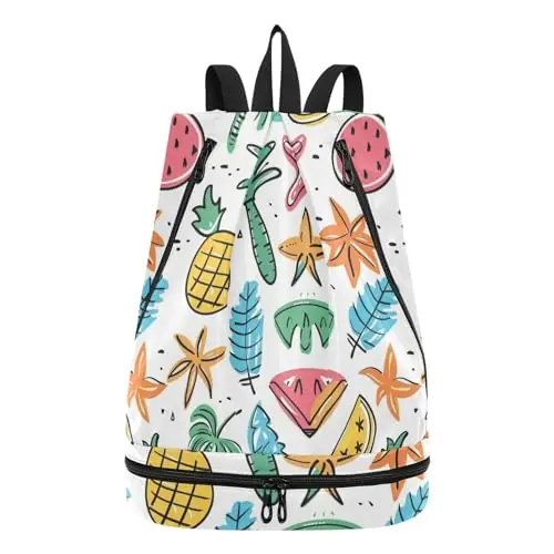 Modern Swim Bag Gym Bag for Women Men, Coconut Tree Pineapple Beach Backpack with Wet Dry Compartments for Swimming Gym