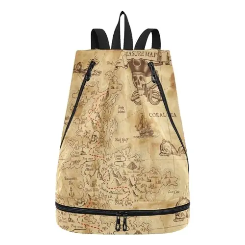 Swim Bag Gym Bag for Women Men, Retro Antique Pirates Adventure Treasure Map Compass Beach Backpack with Wet Dry Compartments for Swimming Gym Fresh Stock