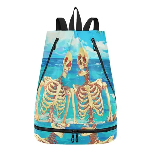 Swim Bag Gym Bag for Women Men, Skeleton Summer Beach Painting Beach Backpack with Wet Dry Compartments for Swimming Gym Latest