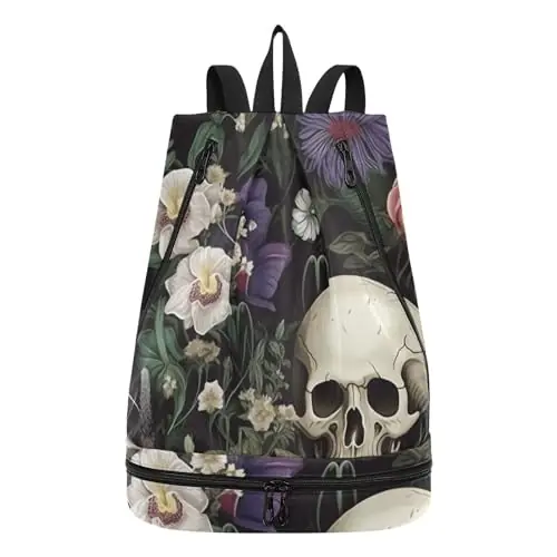 Swim Bag Gym Bag for Women Men, Skull Purple White Flower Beach Backpack with Wet Dry Compartments for Swimming Gym Direct From Factory