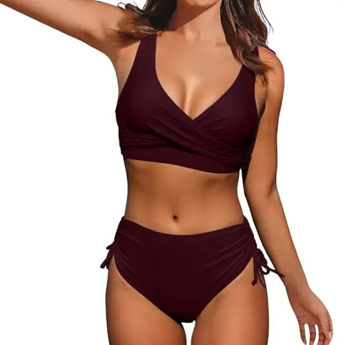 Free Delivery Women High Waisted Bikini Sexy Push Up Two Piece Swimsuits Vintage Swimsuit Two Piece Womens Bathing Suit (D-Wine, XL)