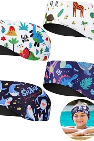 Zhanmai Swimming Headband, 4 Pieces Kids Waterproof Neoprene Hairband with Ear Covers, Adjustable Swimmer’s Headband for Ear Protection (Dinosaur Style, 22 Inch) Certified