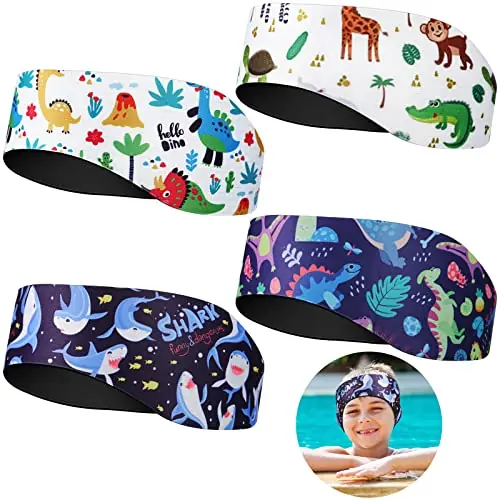 Zhanmai Swimming Headband, 4 Pieces Kids Waterproof Neoprene Hairband with Ear Covers, Adjustable Swimmer’s Headband for Ear Protection (Dinosaur Style, 22 Inch) Certified