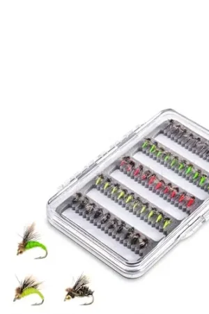 (50 5 Colors Mix) Summer Trout Fishing Fly Hook, Artificial Fly Fishing Lure Set Fly Fishing Box Fly Trout Lure Fishing Accessories, Dry Fly Fishing bass Trout Salmon Fishing Holiday Sale