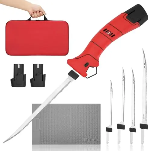 Mega Sale Electric Fillet Knife for Fish Cordless, 2 Batteries, 4 Titanium Nitride SS Coated Non-Stick Reciprocating Fillet Knives, Non-Slip Handle, Fish Cleaning Pad and Practical Carry Case