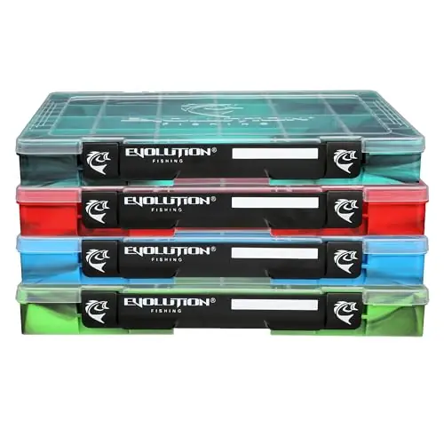 Evolution Outdoor 3700 Drift Series QuikLatch Fishing Tackle Tray Multi Color 4 Pack – Green, Blue, Red, Seafoam Colored Tackle Box Organizer with Removable Compartments, Utility Box Storage Low Price