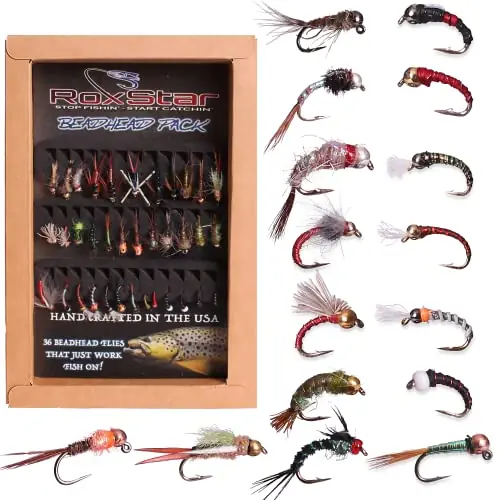 Free Delivery RoxStar Fishing Fly Shop | 36PK BeadHead Tungsten & Brass Fly Assortment | Proudly Hand Crafted in The USA | Gift Box Included.