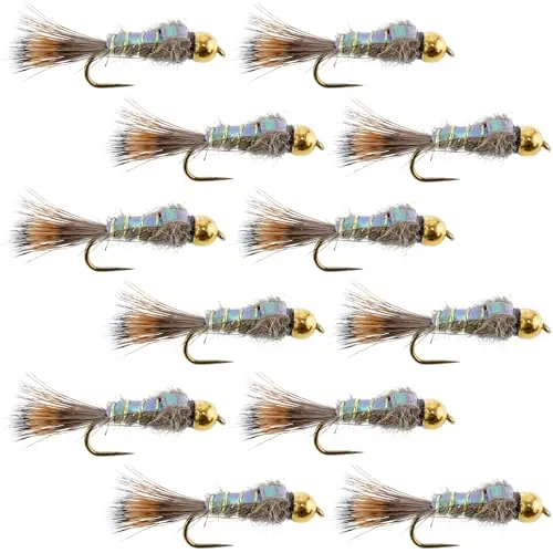Last Chance The Fly Fishing Place Barbless Bead Head Flash Back Hares Ear Nymph Fly Fishing Flies – 1 Dozen Flies Hook Size 14
