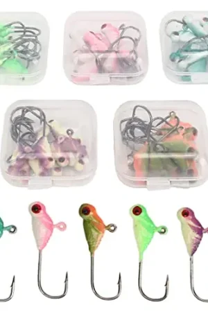 ZWZRFMZHML Ice Fishing Jig Set 50Pcs, Ice Fishing Lures Jig Heads Set with Soft Plastic Worm, for Winter Crappie Walleye, Glow in Dark Ice Fishing Jigs, Professional Portable Mixed Color Mega Sale