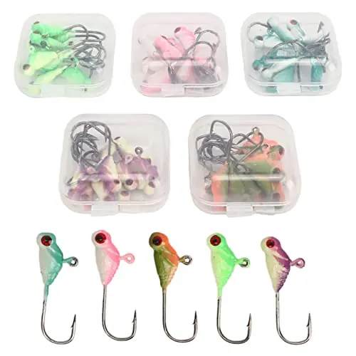 ZWZRFMZHML Ice Fishing Jig Set 50Pcs, Ice Fishing Lures Jig Heads Set with Soft Plastic Worm, for Winter Crappie Walleye, Glow in Dark Ice Fishing Jigs, Professional Portable Mixed Color Mega Sale
